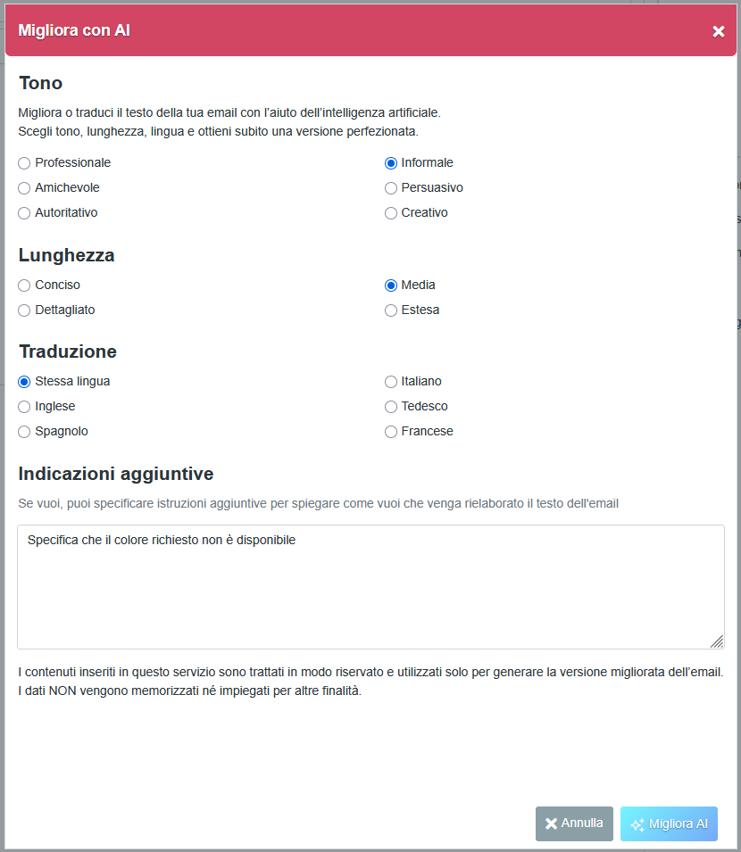 Parametri funzione "Migliora con AI" webmail Shellrent