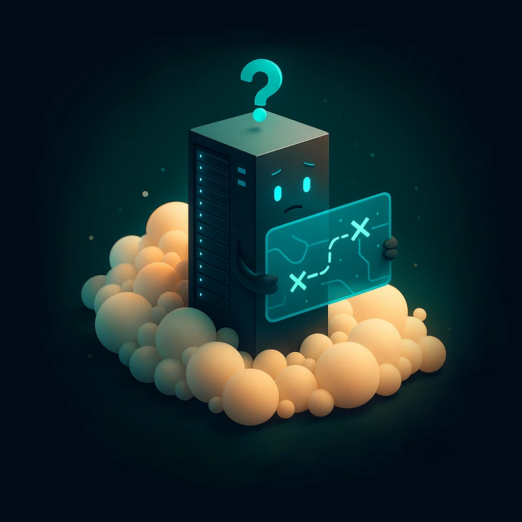Illustrazione di un server smarrito con punto interrogativo e mappa, simbolo dell’errore 404 pagina non trovata