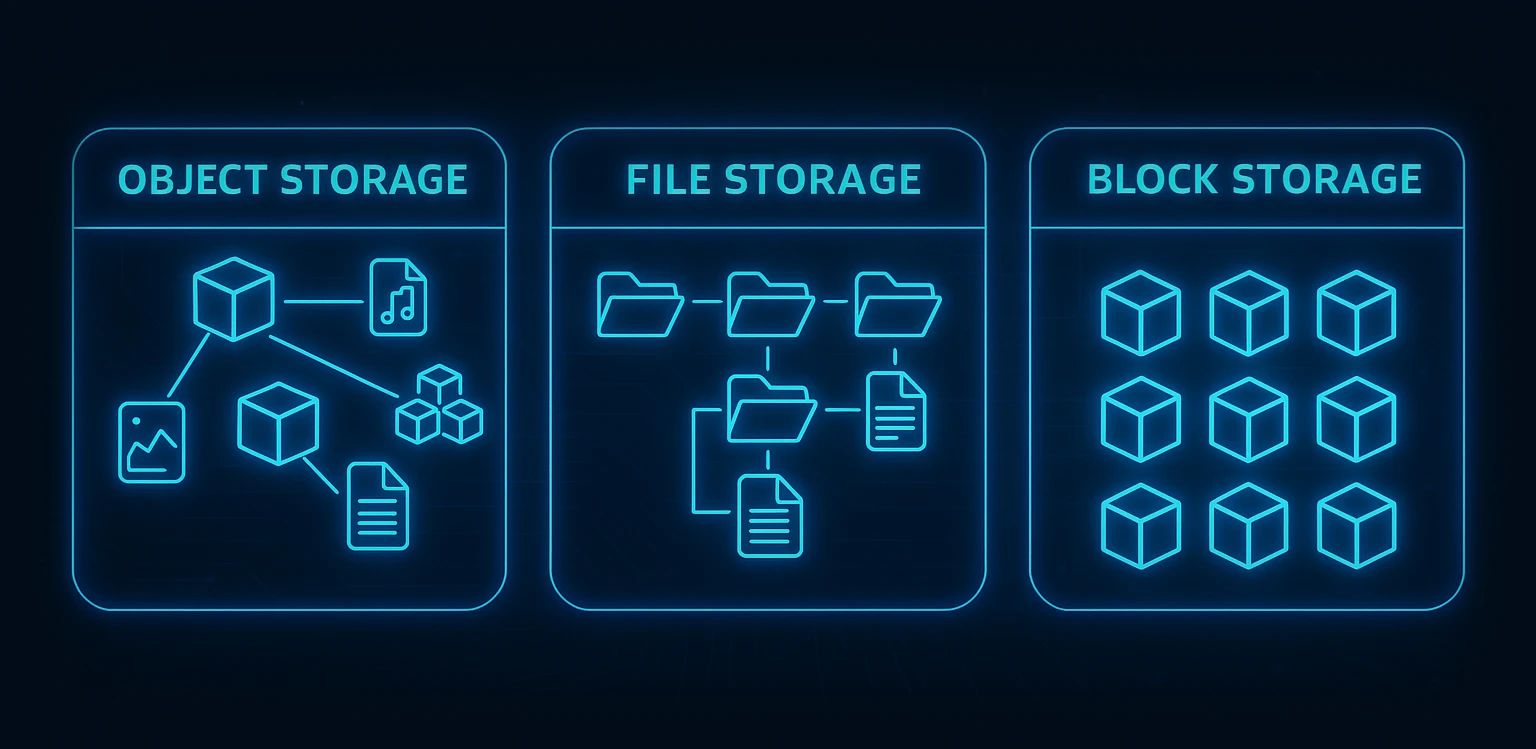 Diagramma comparativo tra Object Storage, File Storage e Block Storage per spiegare come funziona l’archiviazione nel Cloud